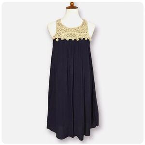 Lily Pulitzer Rachelle Navy Flowy Gauze Dress crocheted gold pompoms